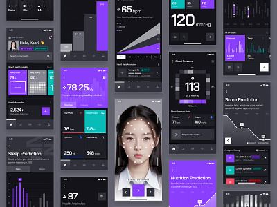 turing UI Kit: AI Healthcare Analytics App | Intelligent Health blood pressure clean dark mode face scan flat health ai health app health monitoring health tracker healthcare healthcare ai app healthcare analytics healthcare app healthcare ui minimal predictive health purple smart health ui ui kit