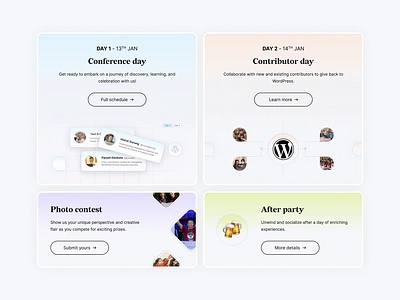 Light mode bento cards exploration for WordCamp Nepal 2024 bento cards bento grid branding event branding event identity landing page light mode ui ui design web design websites wordcamp