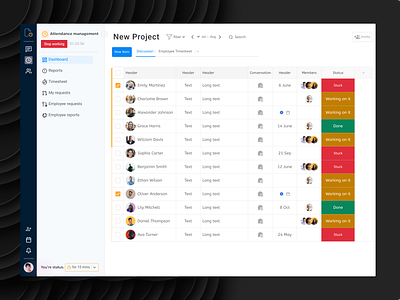 Project management dashboard attendance conversation dashboard descuss design discussion employeemanagement navigation projectmanagemnt side menu side navigation side navigation ui table timesheet ui user experience design webdesign