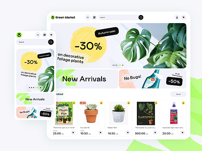 Green Market clean design e commerce material minimal mobile design monstera plant plant shop ui uiux ux web 3.0 web app web store white