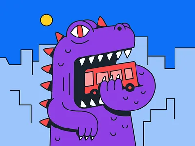 Snack bus character city dark darkpenguin day design eat giant godzilla hungry illustration lines monster penguin pfp reptil sun sunny vector