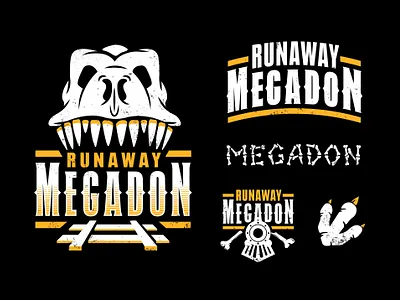 Megadon bones branding dinosaur foot print illustration kit lettering logo logotype mark skeleton skull teeth track train typography video game vintage western wild west