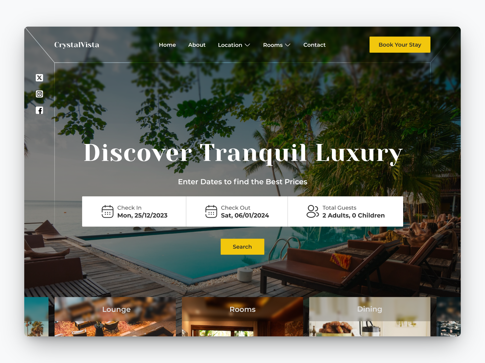 CrystalVista : Hero Section Design for a Resort Landing Page booking design figma hero image hero section hotel landing page light mode resort ui design ui designer uiux web design website