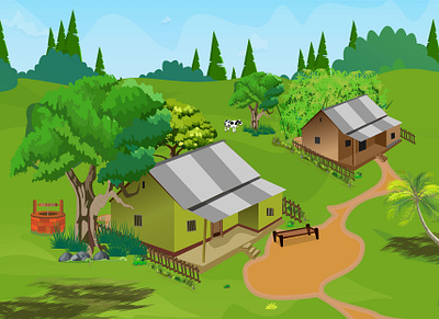 Village nature landscape scene with mud-made hut and trees farm background