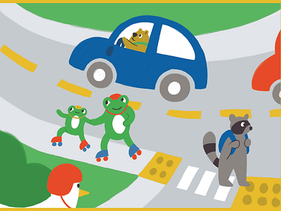 Mobile Traffic Garden animal branding car children crosswalk design frog illustration kid kids raccoon road seagull traffic safety