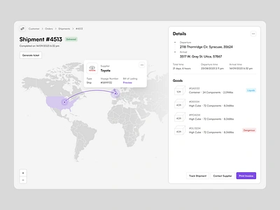 Shipment Details - Route Tracker breadcrumbs container dashboard design details map overview page panel popover popup route shipment sidebar status tooltip tracker ui ux widelab