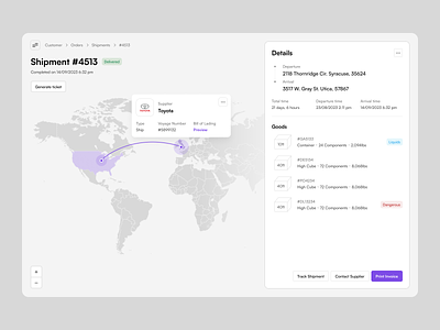 Shipment Details - Route Tracker breadcrumbs container dashboard design details map overview page panel popover popup route shipment sidebar status tooltip tracker ui ux widelab
