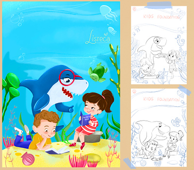 Ocean school - book cover for private school brand character cartoon character design children illustration design digital art drawing illustration kids ocean see shark