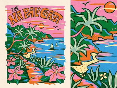 The Na Pali Coast Poster bright flowers handlettering hawaii hike hiking illustration kauai landscape lettering mountains napali coast nature ocean outdoors poster sail sailboat travel tropical