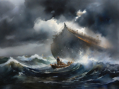 David versus Goliath boat cruise design fishermen home decor illustration impressionism ocean sailboat sea ship storm wall art