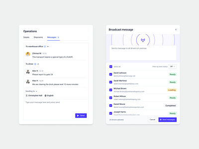 Message Threads & Broadcast Messages 📨 berlin broadcast carrier chat communication components contact logistics management messages oslo product design saas supply chain transport ui ux warehouse yard management