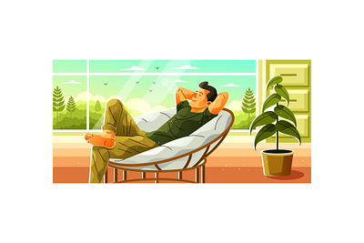 Young Man Relaxing in Room Illustration emotional