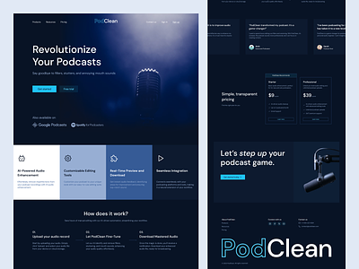 PodClean - AI-Powered Audio Enhancement Landing Page ai ai tools artificial intelligence audio audio app audio enhancement blue dark mode design landing page podcast product design ui webdesign website