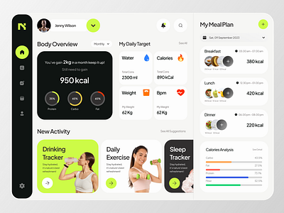 Health Tracker Dashboard dailiy tracker dashboard design desktop desktop app fitness habit tracker habit trakcer health healthcare life style meal plan sport tracker ui uiux wellness
