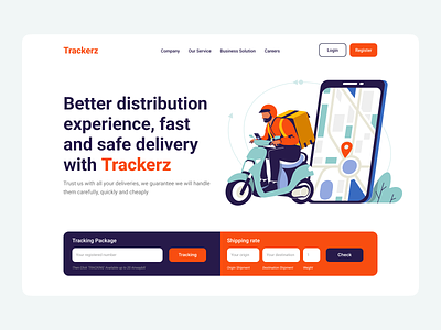 Trakerz Delivery Illustration delivery delivery app design ecommerce expedition express food graphic design hero illustration landing map package parcel service shipping tracking ui vector website