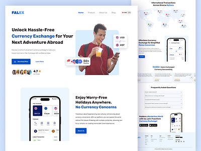 Falex - Landing Page blue currency currency exchange design exchange finance fintech landing page money money changer money conversion sky blue ui uidesign uiux ux uxdesign web web design website