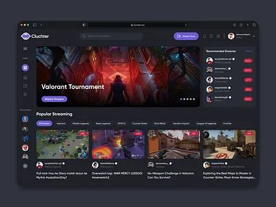 Cluchter - Gaming Streaming Website apex app design game gaming stream streaming streaming app streaming web ui ui design uiux ux valorant web design website website design