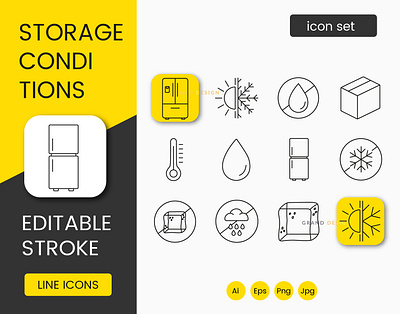 Food storage conditions marks, line icon set keep