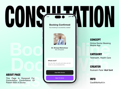Booking confirmation page for Doctor Consultation app booking case study confirmation page consultation design doctor fintech fitness framer health care minimal minimalistic mobile app online research saas ui uiux ux web flow