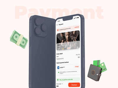 Payment - Movie Ticket Booking App UI Kit app card clean design illustration inspiration mobile app mockup pay payment promo ui ui design uiux voucher wallet