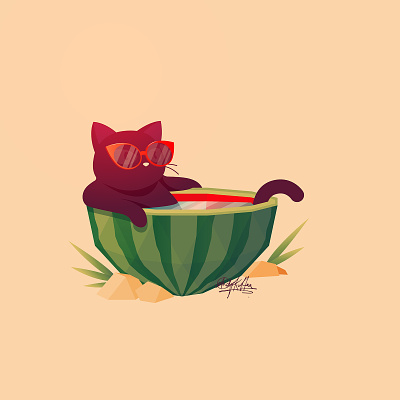 The People's Prince of Darkness: Bounty the Black Cat. 3d animals anime black cat cat color colour cute end of summer gaming illustration kawaii light leak low poly nature pets summer swimming pool vector watermelon