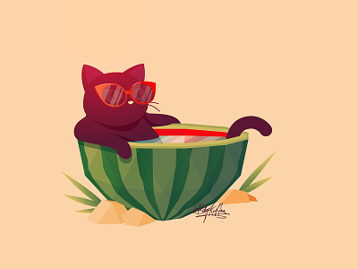 The People's Prince of Darkness: Bounty the Black Cat. 3d animals anime black cat cat color colour cute end of summer gaming illustration kawaii light leak low poly nature pets summer swimming pool vector watermelon