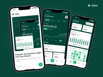 Nexa mobile concept analytics branding charts dashboard fintech graphic design green impact logo minimal mobile app order sales