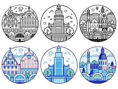 Travel Riga Icons baltic countries flat flat design geometric illustration landmarks latvia line art local outline places riga tourist travel