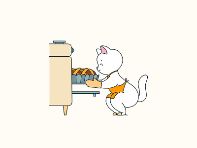 Cute cat baker 2d autumn baker bakery cartoon cat character cooking cozy cute doodle harvest home illustration kitchen pastry pie thanksgiving vector