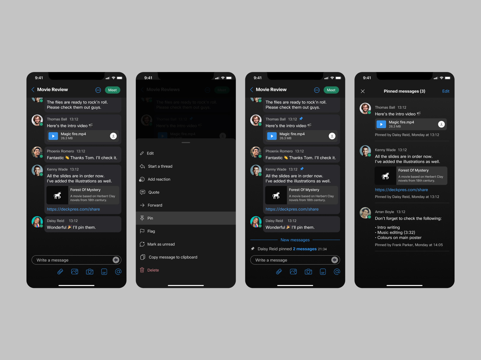 Webex, Pin Message dark ui design messages messaging minimalism mobile mobile design pin message slack tab ui ux ux functionality webex