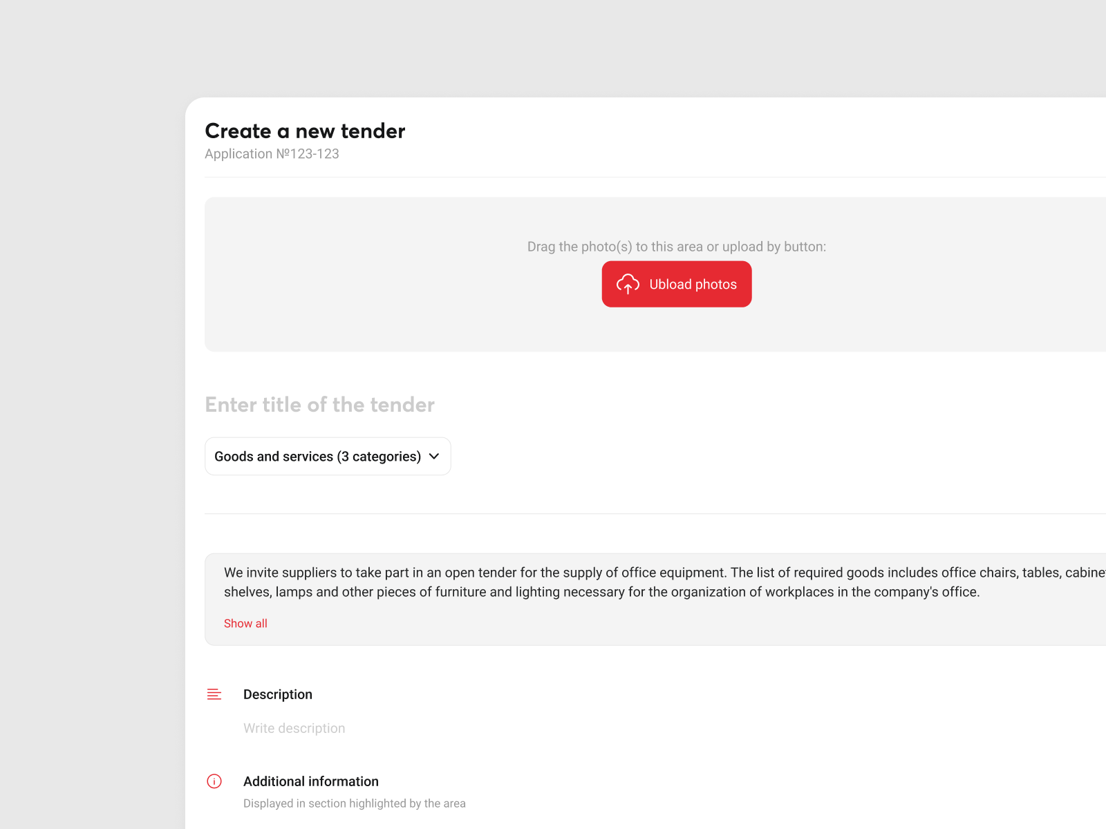 Example of Admin panel for tendering