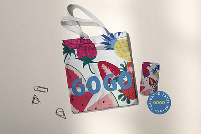 GOGO Visual Brand Identity bag branding graphic design identity illustration label logo logotype pattern pineapple raspberries strawberry vector watermelon