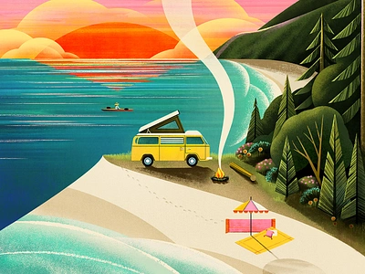 Sunset beach camper camping illustration kayak lake landscape ocean outdoors sunset texture van