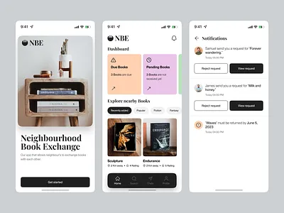 Neighbourhood Book Exchange App android book branding clean community creative design home ios logo minimal nearby notification readers splash screen ui ux