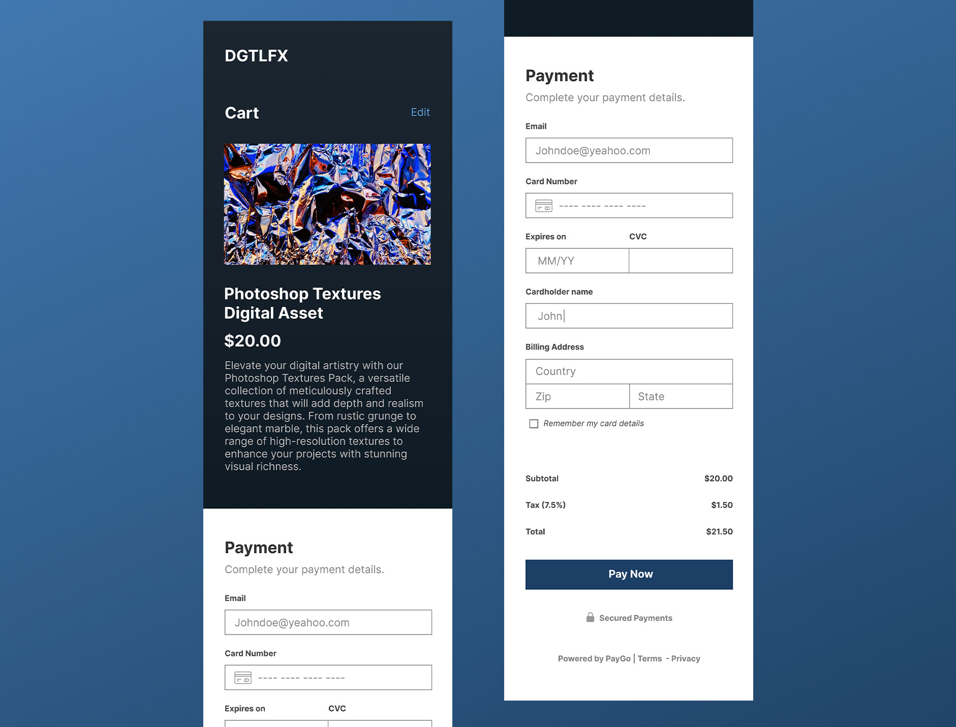 Digital Download - Checkout Page blue checkout credit card dailyuichallenge figma mobile photoshop responsive ui uxui
