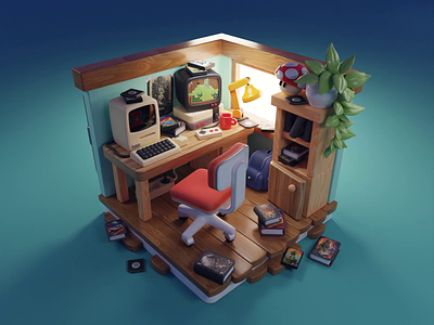 Retro Game Room Tutorial 3d blender diorama game illustration isometric lowpoly process render retro room tutorial