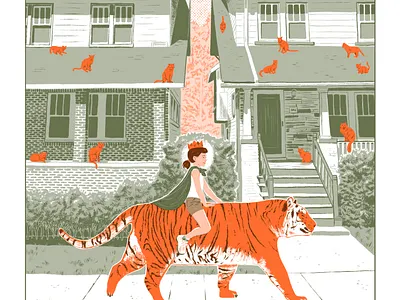 The Good News cats detroit editorial girl good news houses illustration limited color queen risograph tiger two color