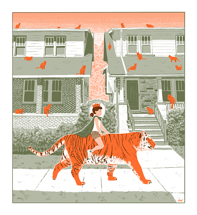 The Good News cats detroit editorial girl good news houses illustration limited color queen risograph tiger two color
