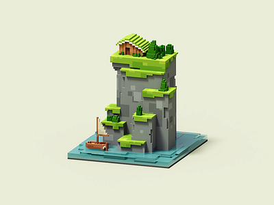 House on the cliff blender house isometric voxel voxelart