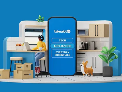 Takealot Ultimate Checkout 3d animation application boxes branding c4d character cinema cinema4d design dog environments illustration kitchen maya phone plants scene takealot textures