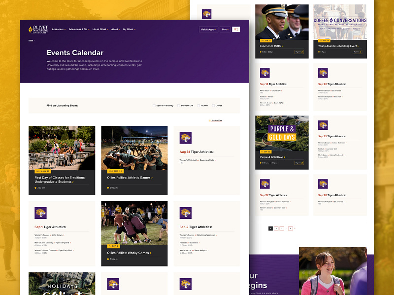 Olivet - Website Redesign, Events Calendar calendar card clean event events gold gradient image logo purple school simple sophisticated sports structure ui university ux web design website