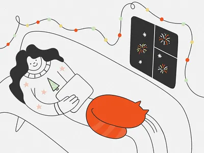 Christmas cuddles bed cat christmas fireworks illustration lights new year night