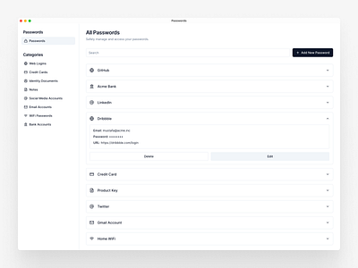 Password Manager App Dashboard Page - Light accordion app dashboard delete design desktop desktop app edit features light mac macos password password manager password manager app passwords search sidebar ui ux