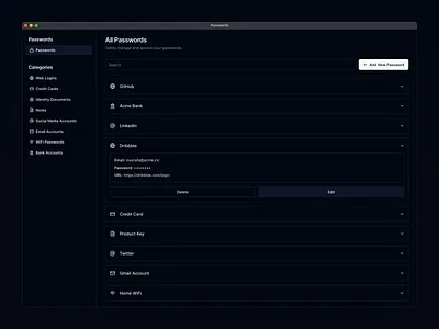 Password Manager App Dashboard Page - Dark accordion app dark dashboard delete design desktop desktop app edit features mac macos password password manager password manager app passwords search sidebar ui ux