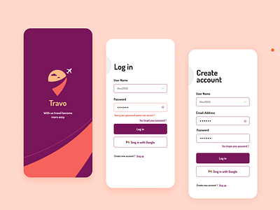 Travo App air plain app create account log in screen travel ui ux