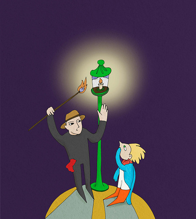 The little prince at the lamplighter's little planet children book digital drawing illustration kidlit lamp lamplighter little planet little prince space