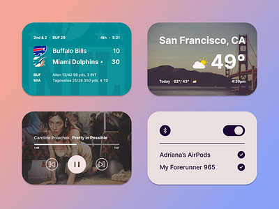 Phone Widgets bluetooth design figma miami dolphins mobile design mobile ui music nfl product design sports ui ui components ui design user interface ux design weather widget widget design