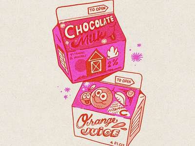 Cartons of Nostalgia chocolate milk comic illustration juice packaging nostalgia orange juice riso texture