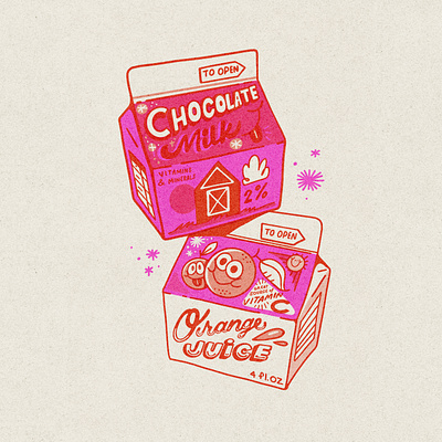 Cartons of Nostalgia chocolate milk comic illustration juice packaging nostalgia orange juice riso texture