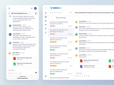 VeteraSky - Conversations view 💬 attachments chat clinic conversation germany management medical minimal mobile norway product design records responsive saas search topic ui ux veterinary